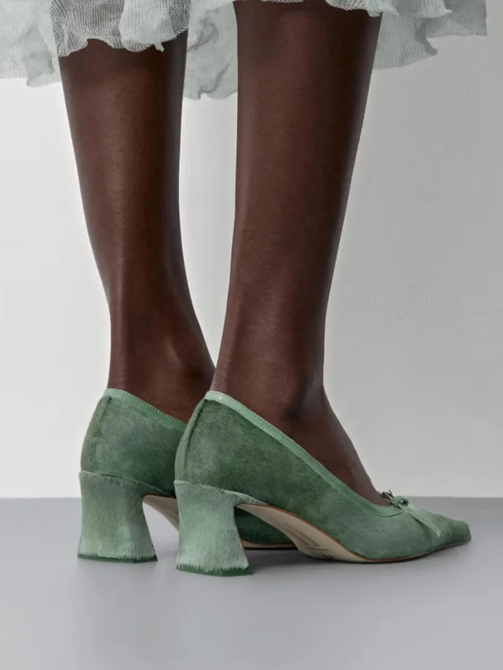 Miista Sage Green Suede Pointed Toe Mid-Heel Pumps